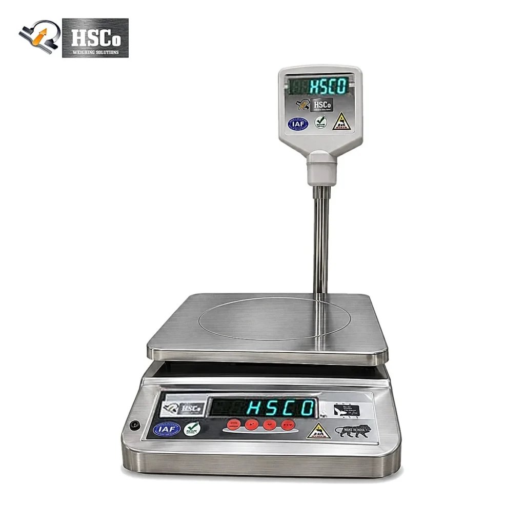 HSCo SSBP stainless steel table top scale with a pole display, a shop scale under 150 kg