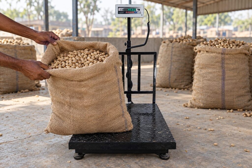 Groundnut MSP 2026-27 at ₹7,517 a quintal: how to check the weight of your lot 5 A jute sack of groundnut pods on a chequered-plate platform scale at a procurement centre