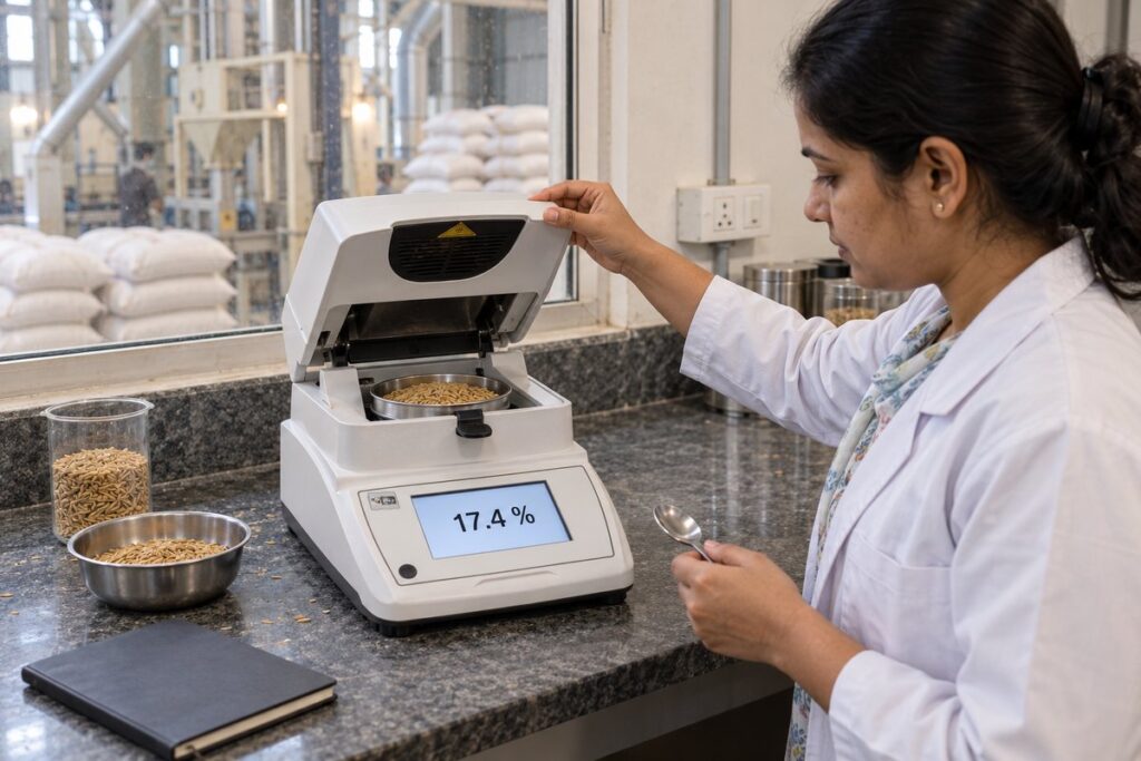 Paddy moisture at the mandi: how much of the weight is water 5 Technician closing the lid of an HSCo halogen moisture analyser over a paddy sample in a rice mill quality room