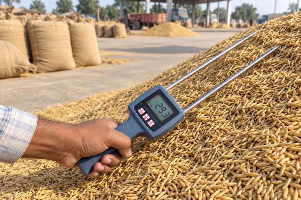 Moisture meter readings that differ on the same paddy, and which one counts 3 A hand holds a moisture meter with two long probes at a heap of paddy in a grain market
