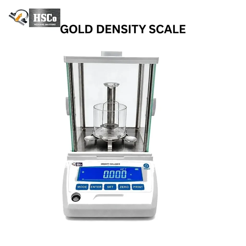 Old gold exchange: how to check the weight before you trade in 4 HSCo gold density scale with a glass draft shield, beaker and hanging basket