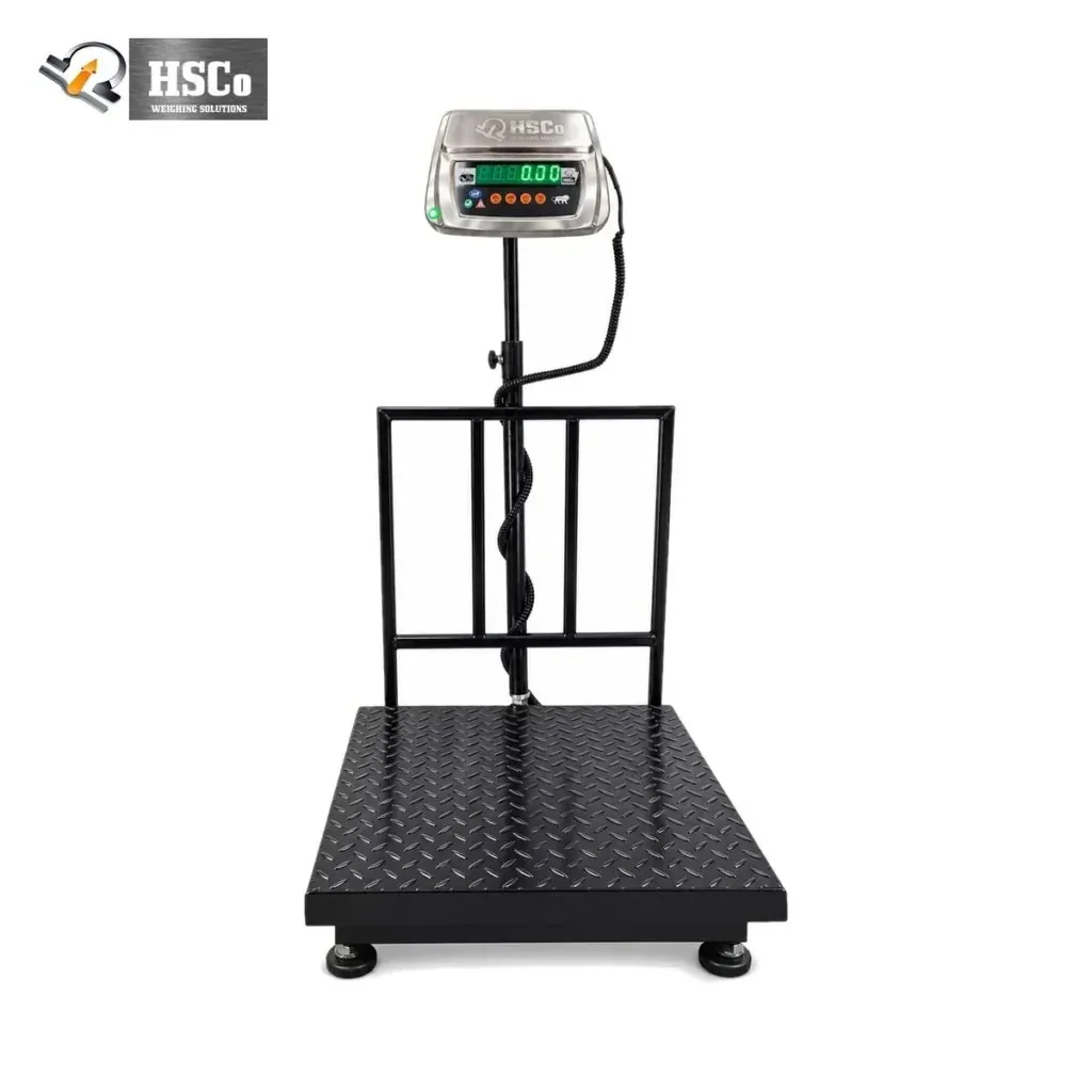HSCo PLCHQB platform scale with a chequered steel plate and its display on an adjustable column