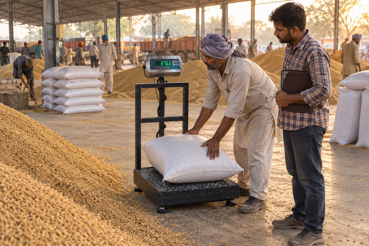 Labourer steadying a bag of paddy on an HSCo platform scale at a Punjab grain market