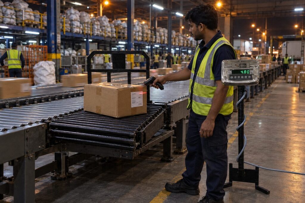 Courier weight discrepancy: how to check the charge and keep the proof 3 Courier hub worker scanning a carton on an HSCo roller scale in a conveyor line