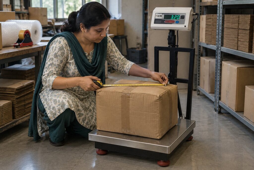 Packer measuring a sealed carton with a steel tape on an HSCo platform scale