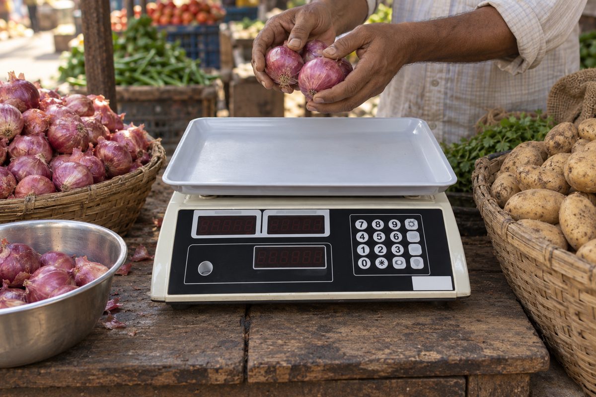 Price computing scale with an empty tray at a vegetable stall beside baskets of red onions