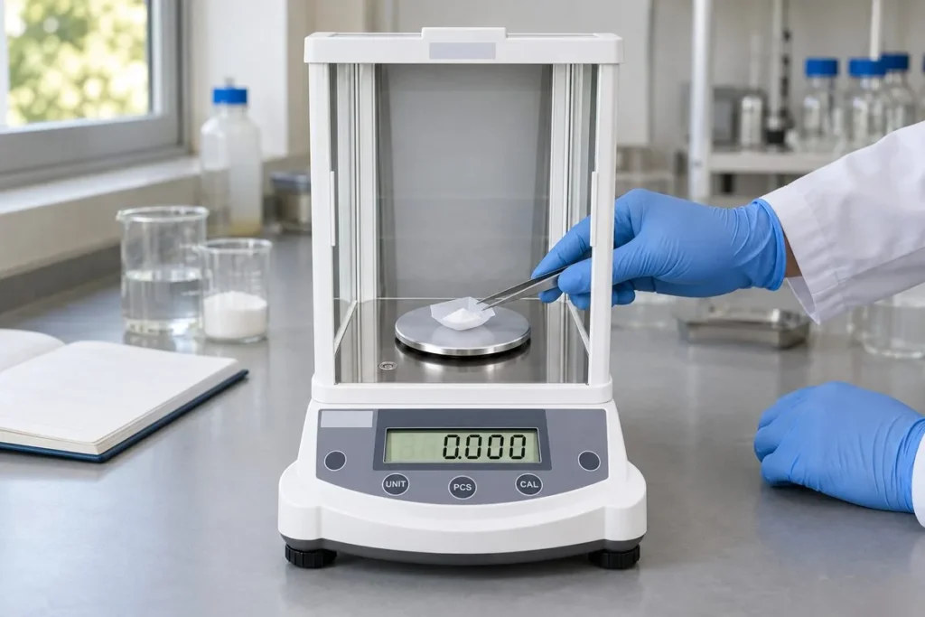 Scale accuracy class: what Class I, II, III and IV mean on your scale 4 Gloved hands placing a powder sample on a precision balance in a QC lab