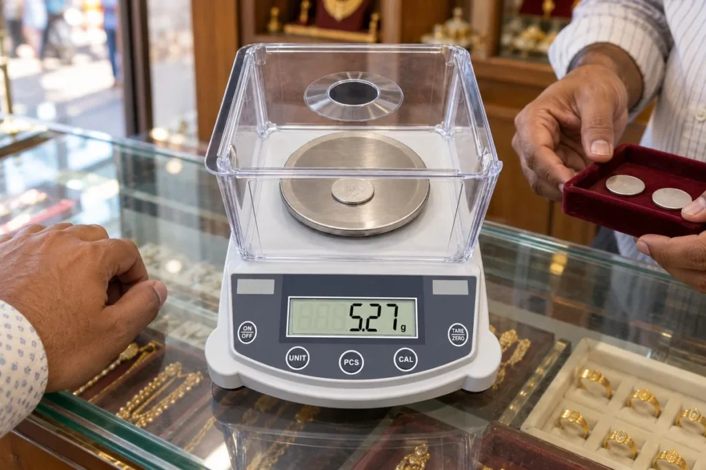 Silver coin weight: how to check it before you pay at the counter 2 Silver coin weight being checked on a jewellery scale with a draft shield at a shop counter