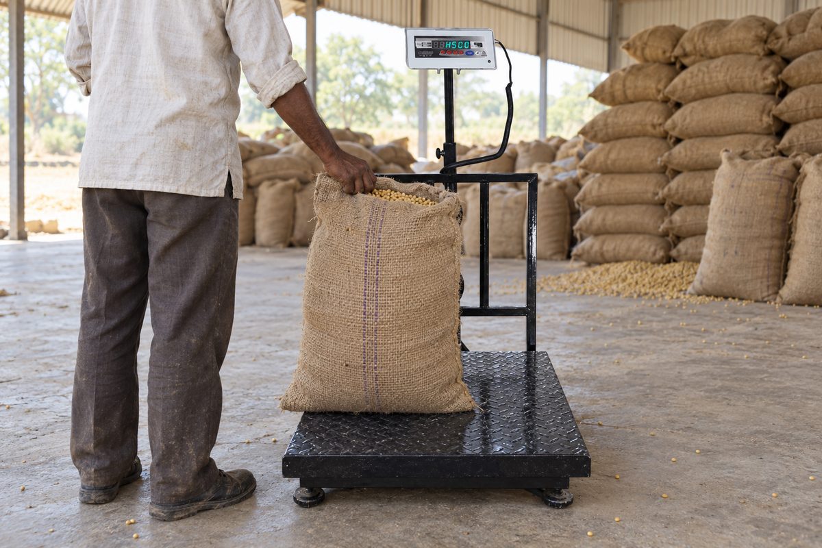 Worker holds an open jute sack of soybean on a chequered platform scale in a shed