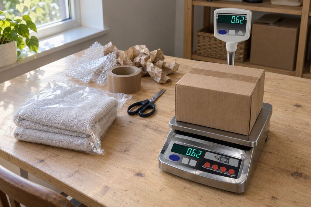 Courier weight discrepancy: how to check the charge and keep the proof 5 Towels in a clear bag beside the same towels boxed on an HSCo table-top scale