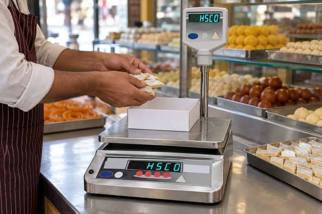 Sweet box weight: should the box count as sweets on your bill? 2 Shopkeeper's hands placing sweets into an empty box on a stainless-steel table top scale