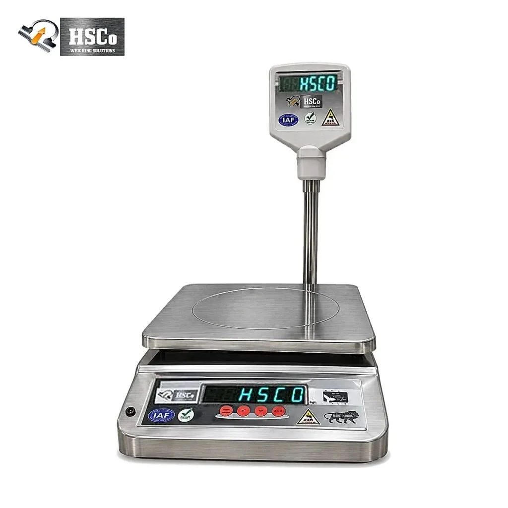 HSCo SSBP30 stainless-steel table top scale with a pole display for checking sweet box weight