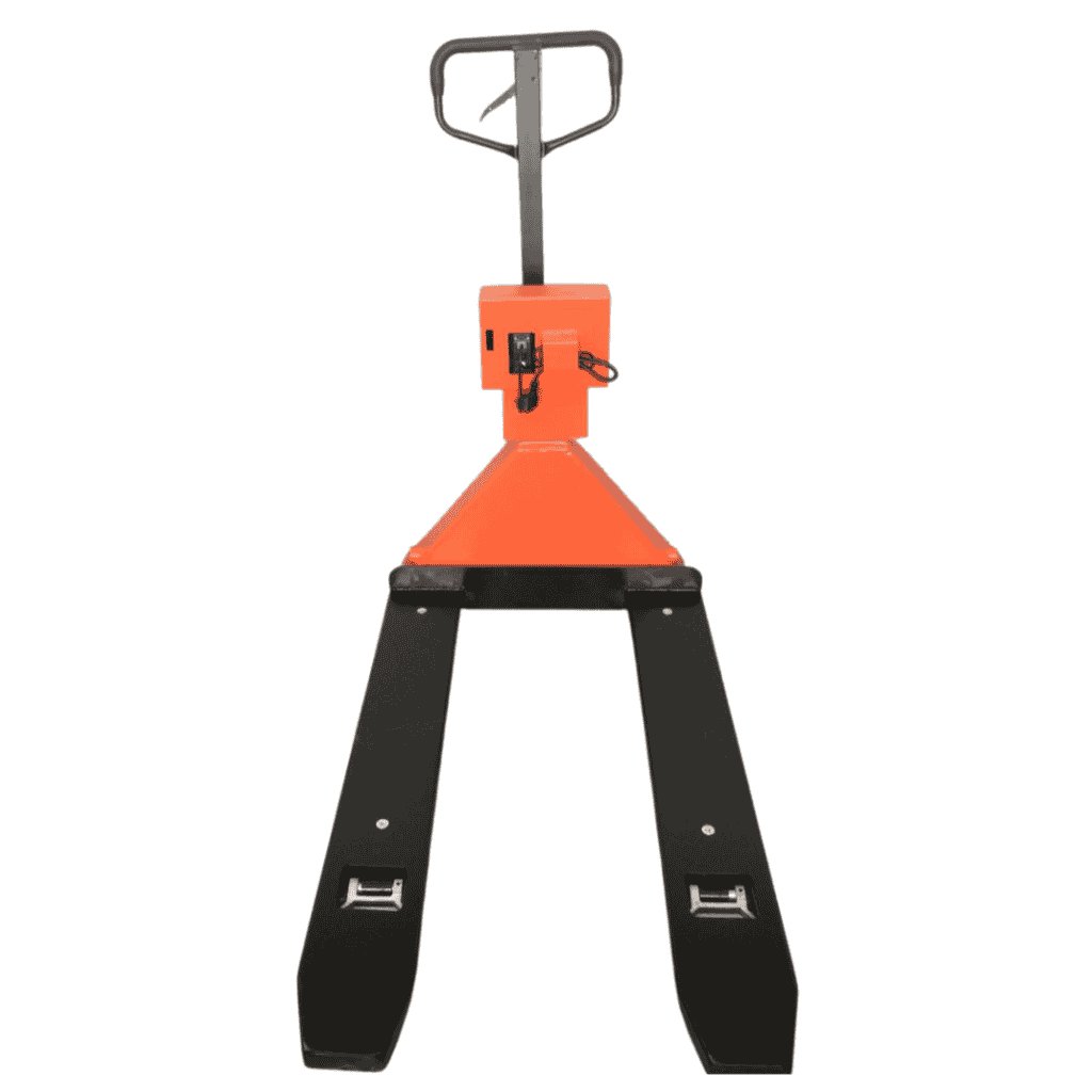 Verified gross mass: how to weigh an export container 10 HSCo HPT pallet truck scale with an orange frame and black forks