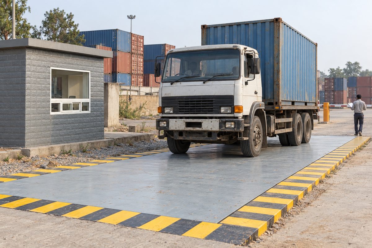 Illustration: truck carrying a 20-foot container on a flat-deck weighbridge at an inland container depot