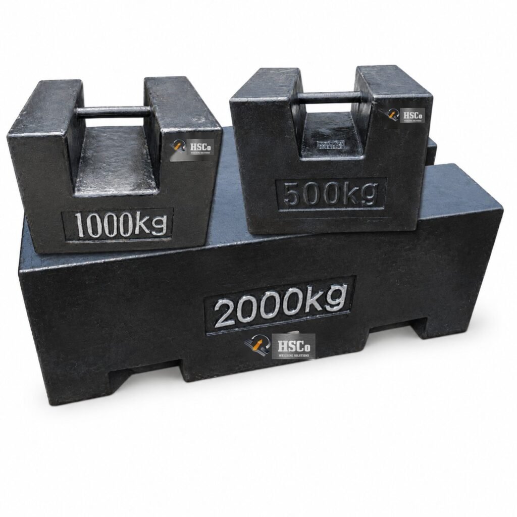 HSCo cast iron test weights of 500 kg, 1000 kg and 2000 kg for weighbridge verification