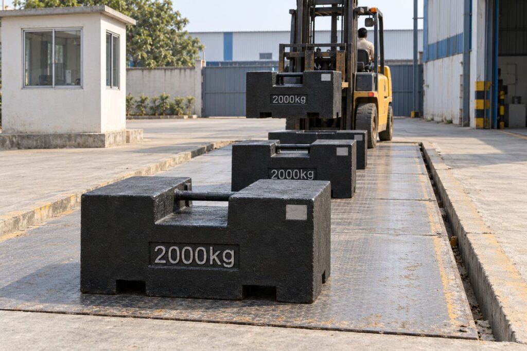 Weighbridge verification: how much standard weight is needed after July 2026 2 Forklift setting 2000 kg cast iron test weights in a row on a weighbridge deck