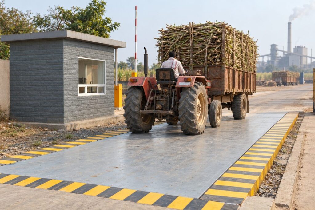 Weighbridge weight difference: comparing the error limits of two weighbridges 2 Illustration of a tractor-trailer loaded with sugarcane on a road weighbridge beside a cabin