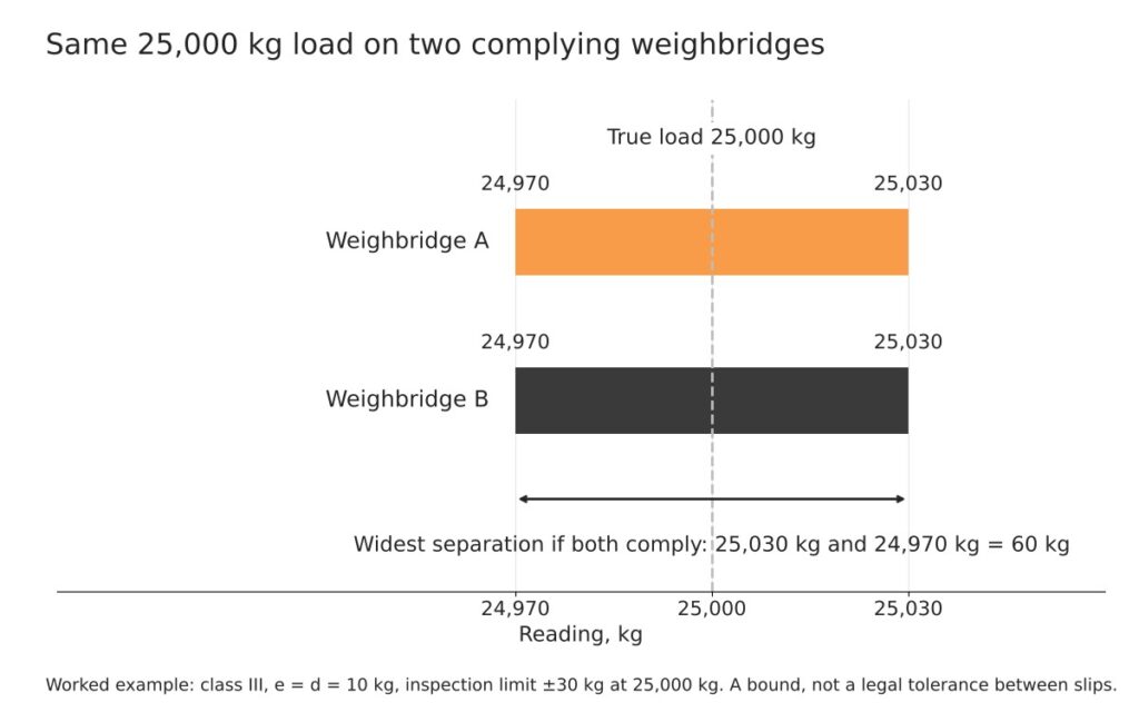 Weighbridge weight difference: comparing the error limits of two weighbridges 4 Chart of two class III weighbridges with 10 kg steps, each allowed to read a 25,000 kg load between 24,970 kg and 25,030 kg